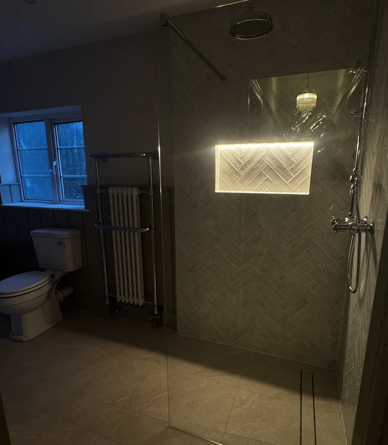 Heated towel rail beside the walk-in shower, bathroom renovation