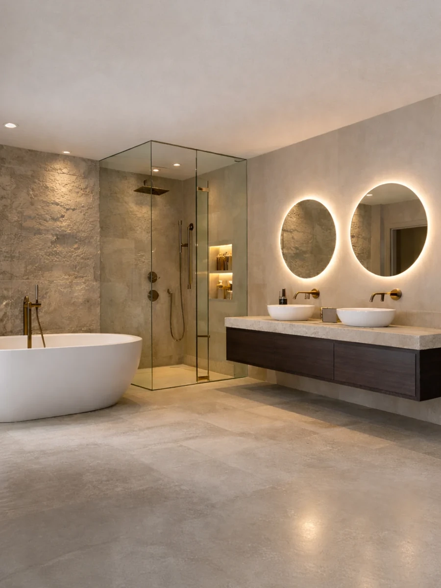 Microcement bathroom with freestanding bath, walk-in shower and twin backlit mirrors, by JLP Plumbing