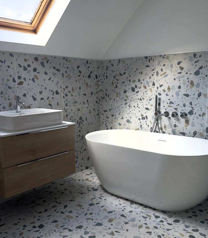 Loft family bathroom with skylight, oak vanity and freestanding bath, Letchworth Garden City