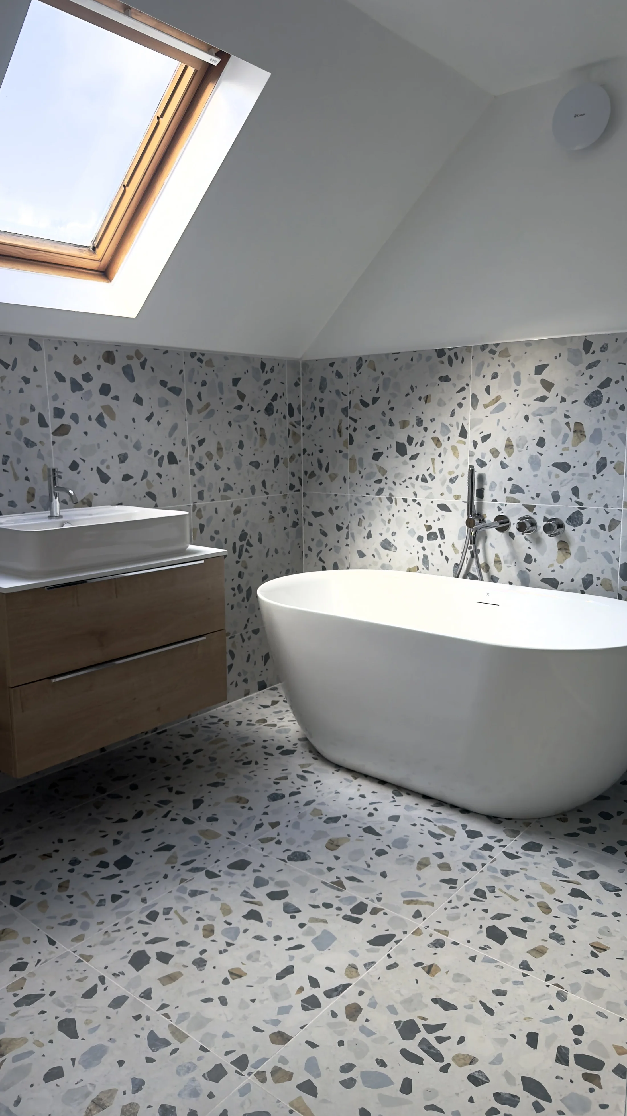 Loft family bathroom with skylight, oak vanity and freestanding bath, Letchworth Garden City