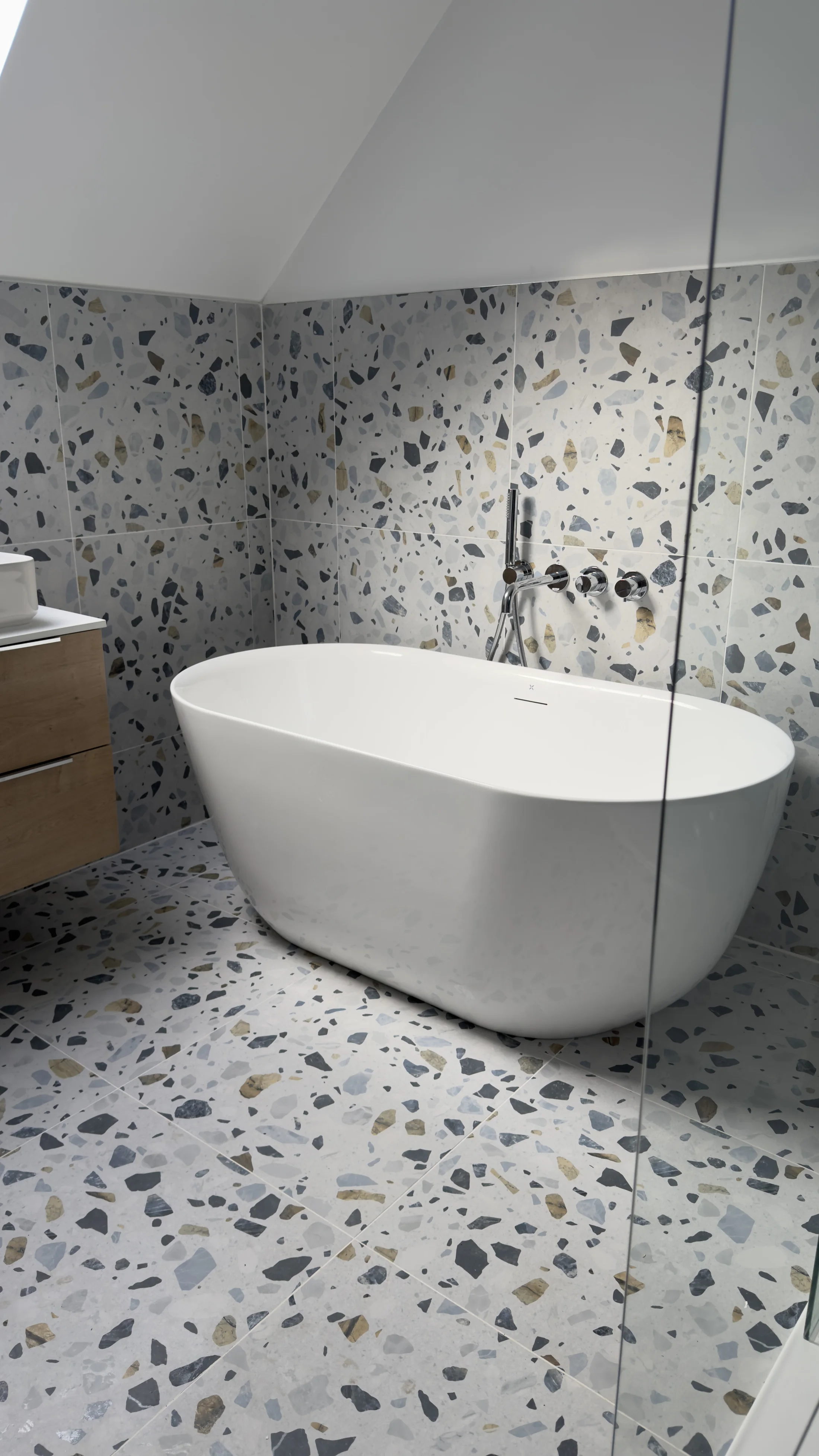 Freestanding bath alongside the walk-in shower screen, family bathroom Letchworth Garden City