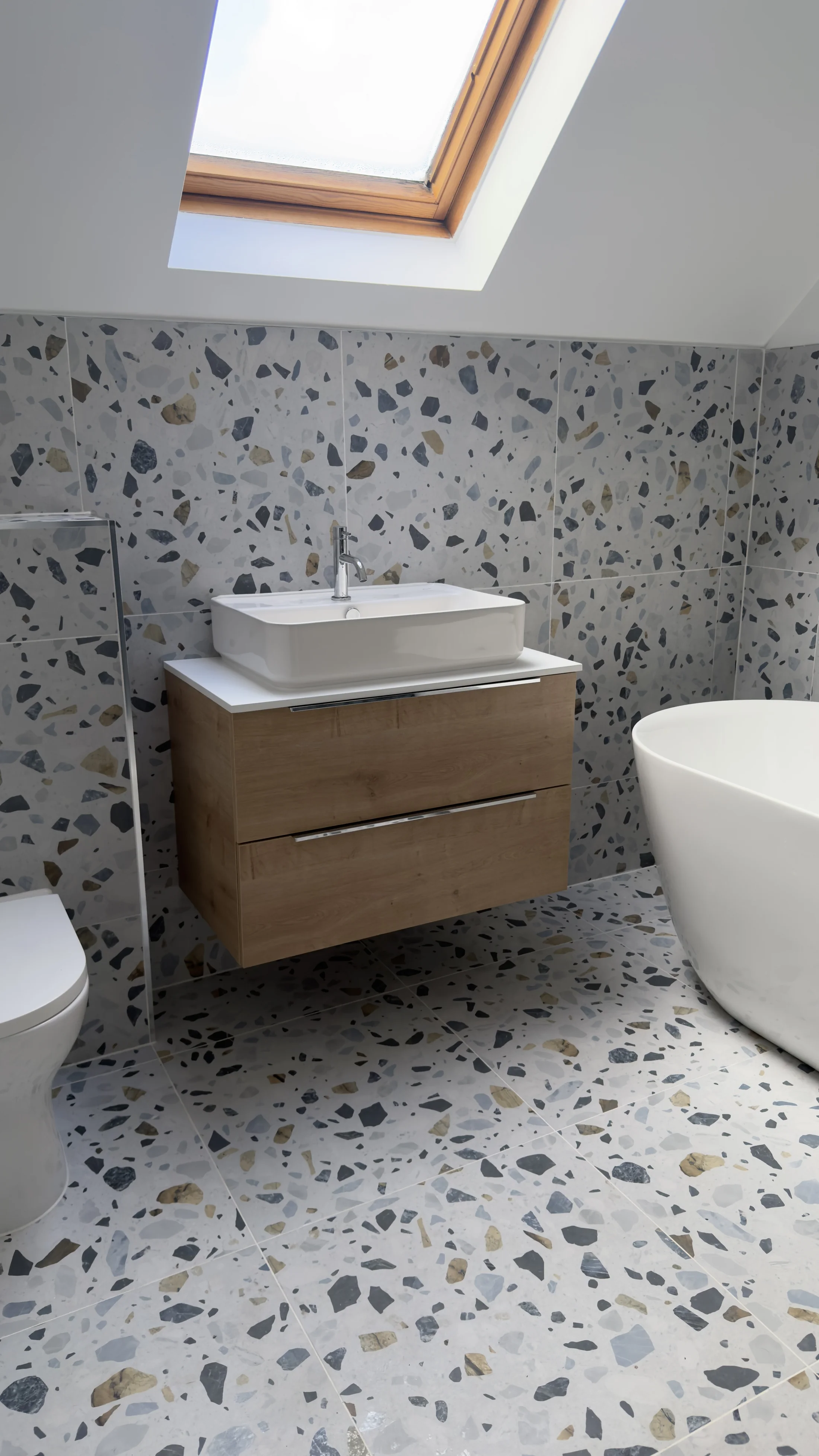 Oak vanity unit with countertop basin, family bathroom renovation Letchworth Garden City