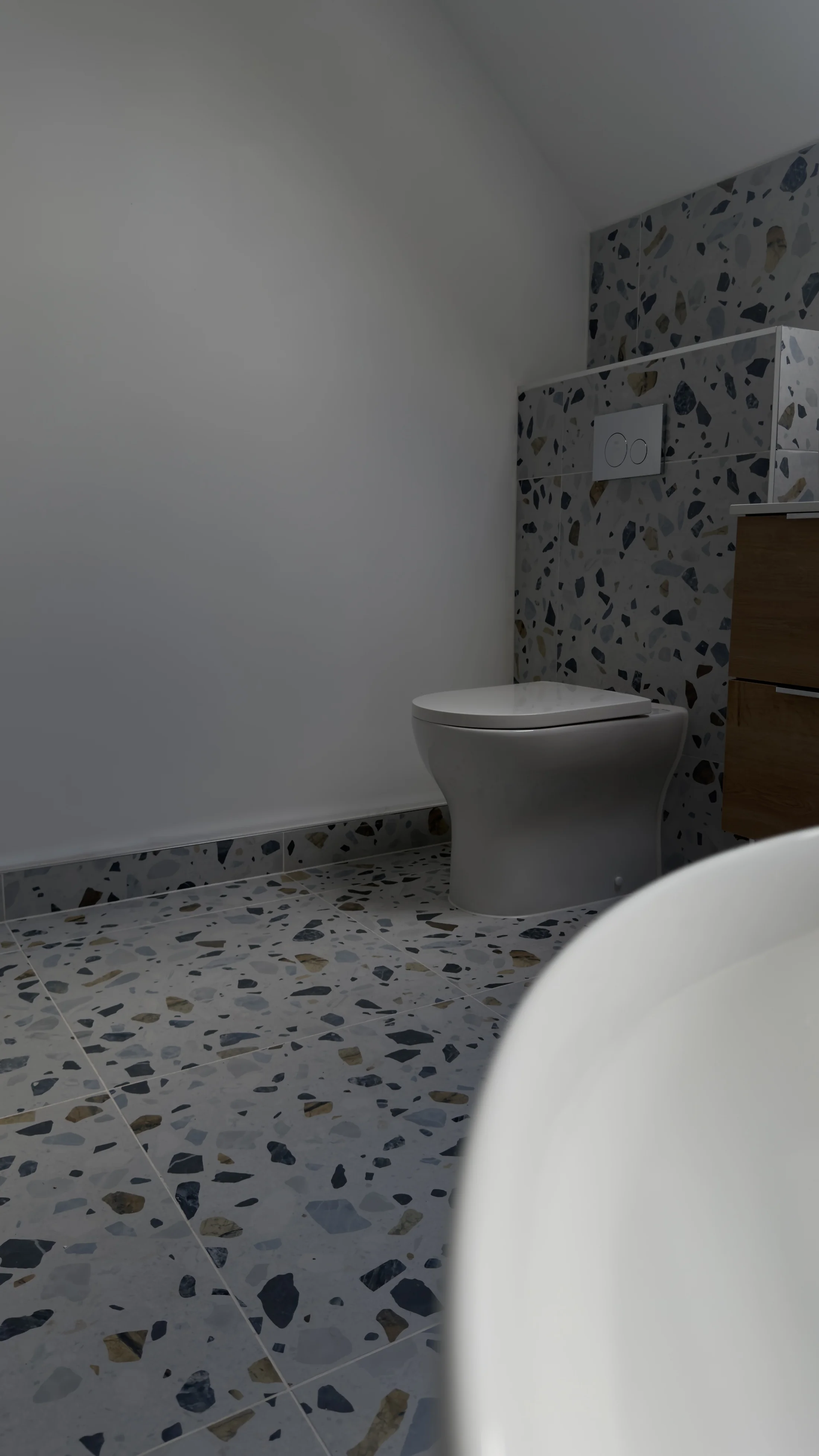Wall-hung WC beside the freestanding bath, family bathroom Letchworth Garden City