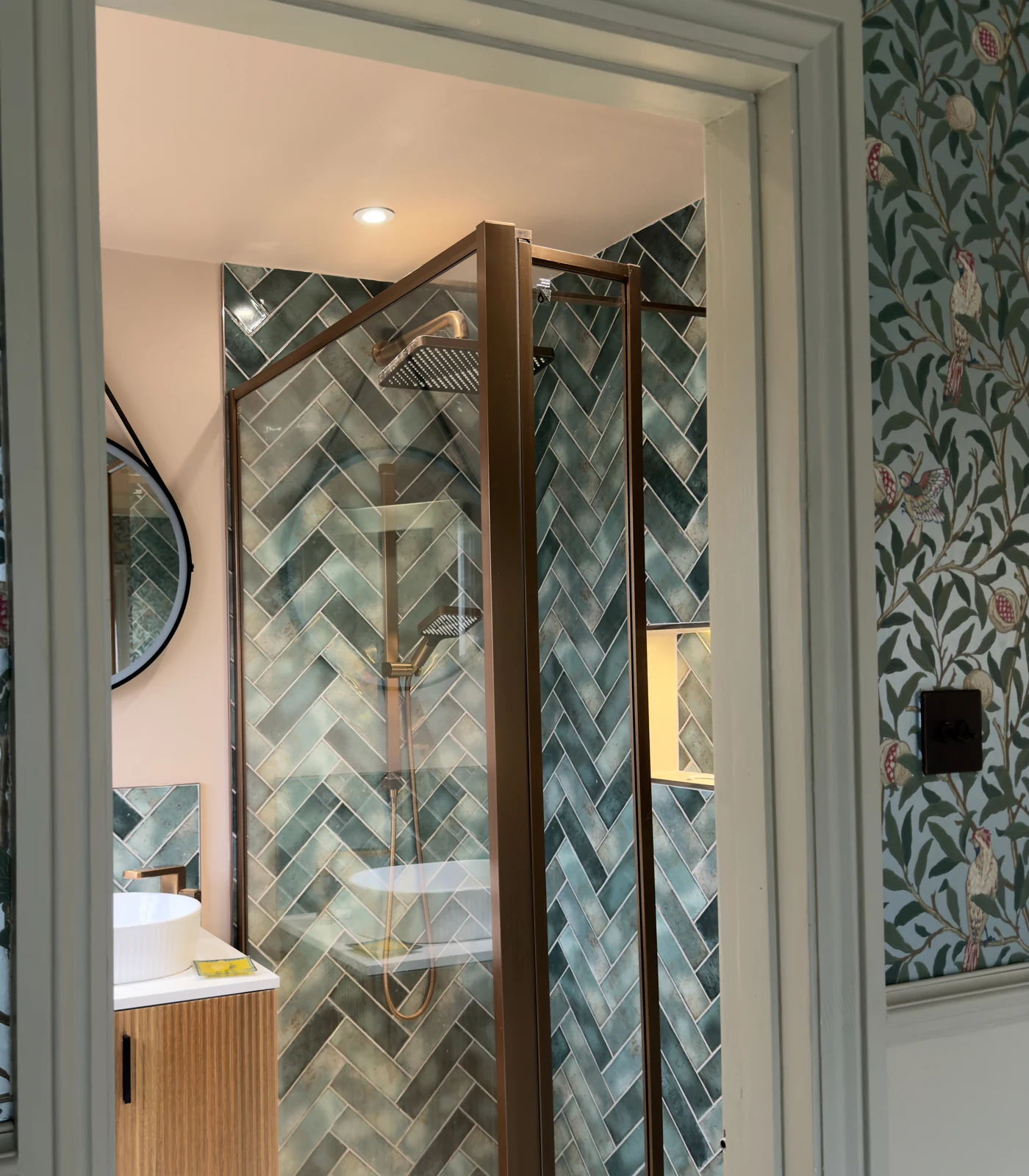 Doorway view through to the completed en suite, green herringbone shower and oak vanity, St Albans
