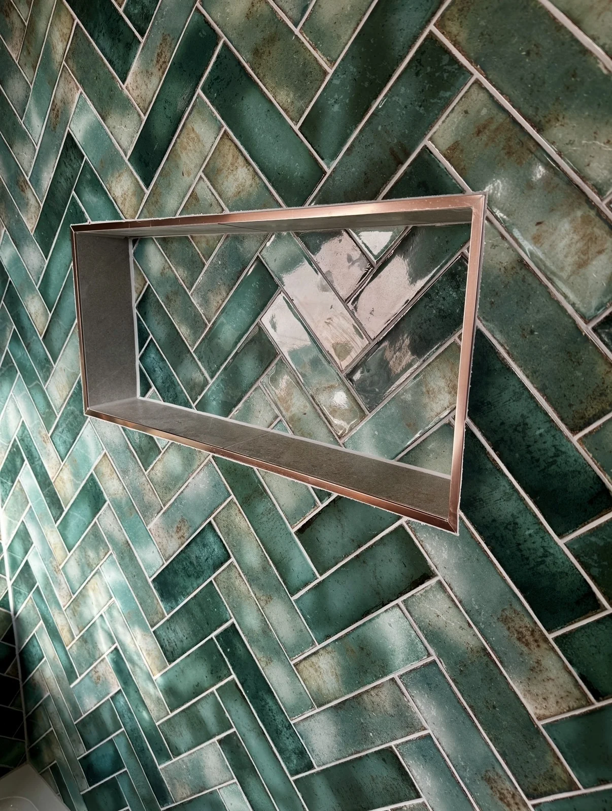 Close-up of the mottled green herringbone glaze, St Albans