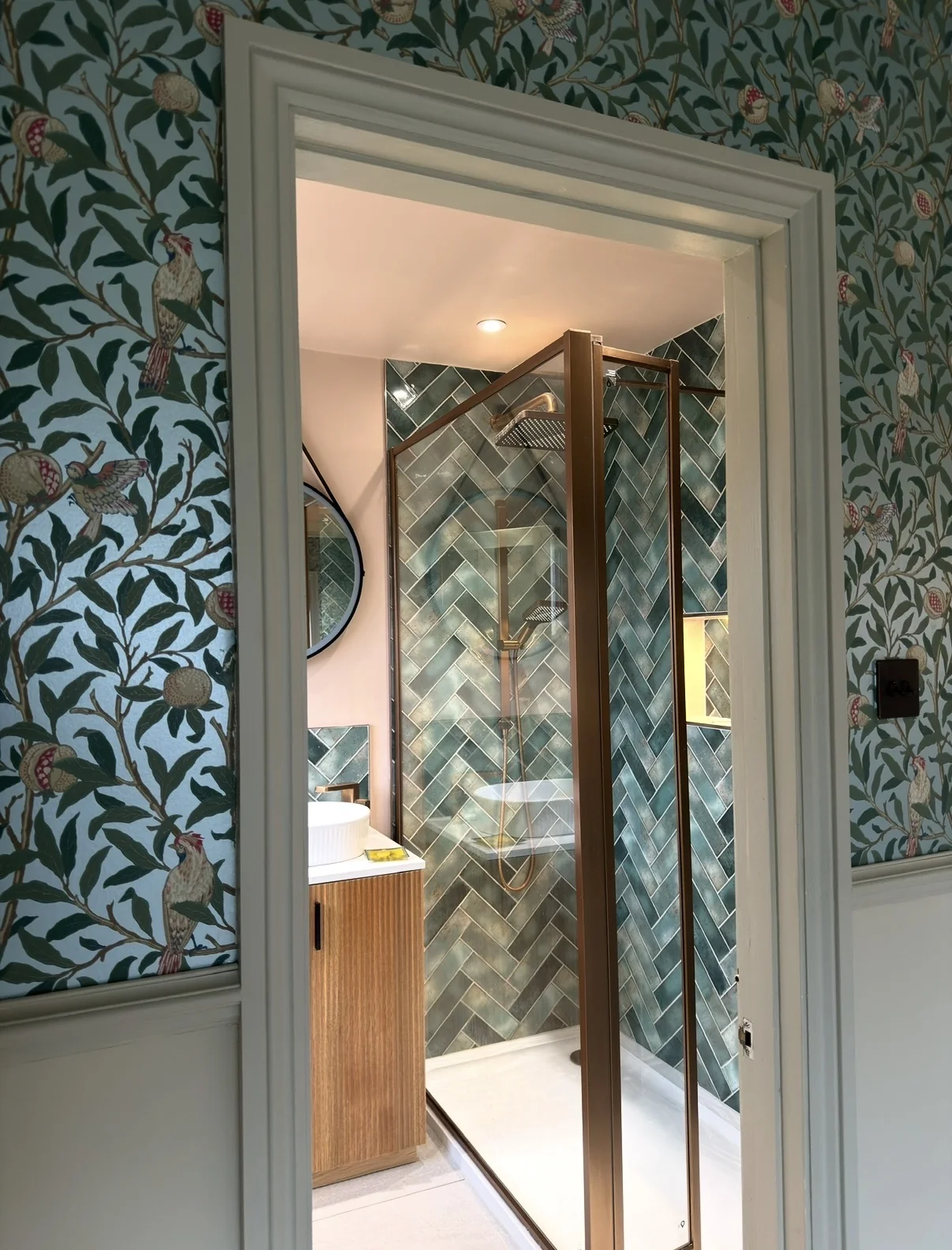 Completed en suite with walk-in shower and Morris-print wallpaper, St Albans