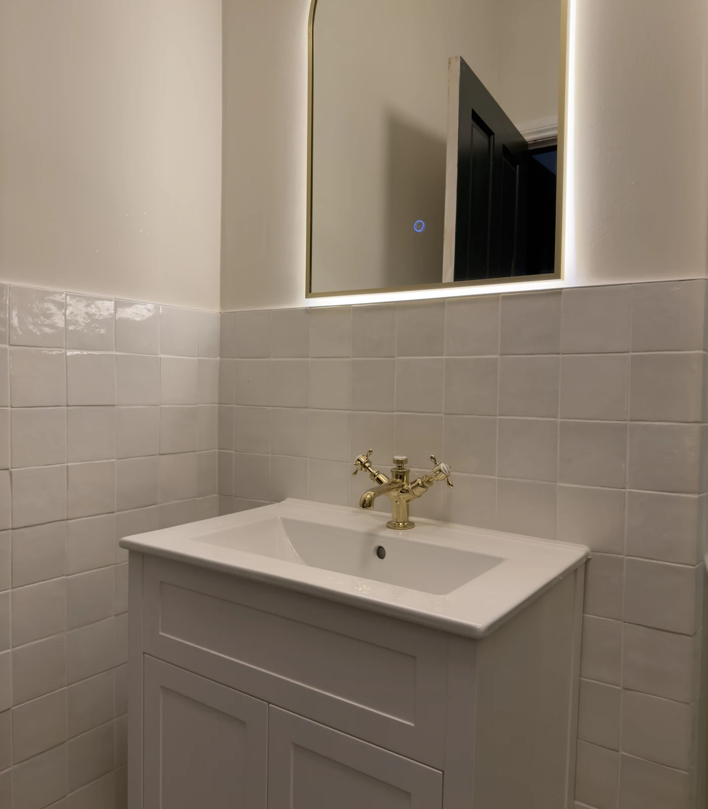 Shaker vanity, countertop basin and backlit mirror, bathroom installation