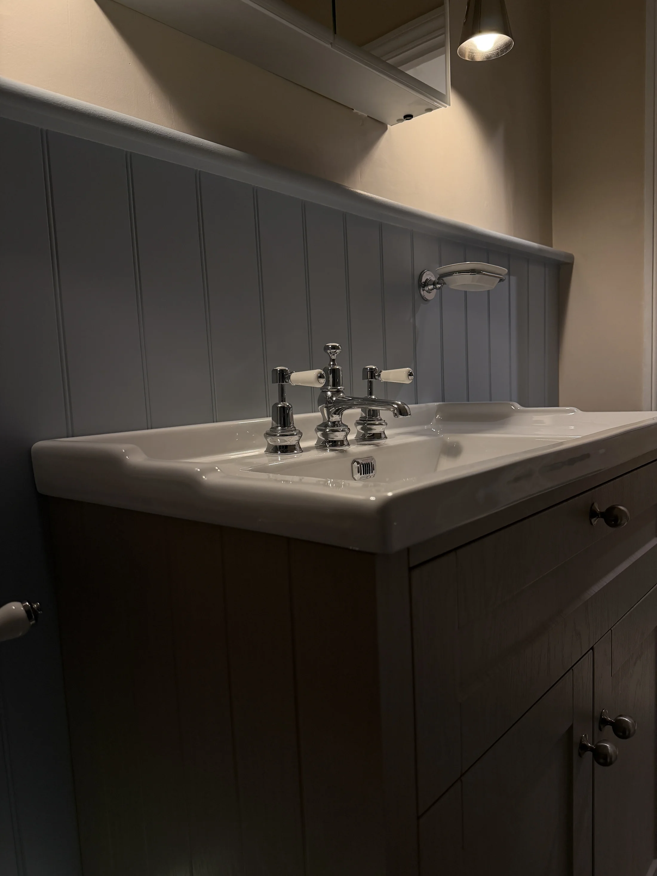 Ceramic basin on a panelled vanity unit, St Albans
